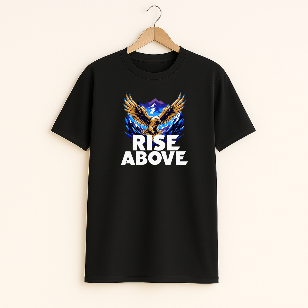 Black t-shirt with 'Rise Above' design featuring an eagle on a hanger against a white background