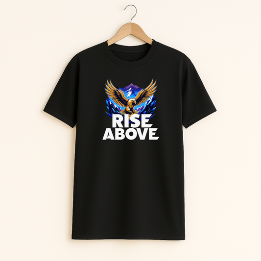 Black t-shirt with 'Rise Above' design featuring an eagle on a hanger against a white background