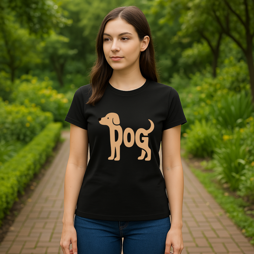 Woman wearing a black t-shirt with a dog graphic and 'DOG' text in a park.